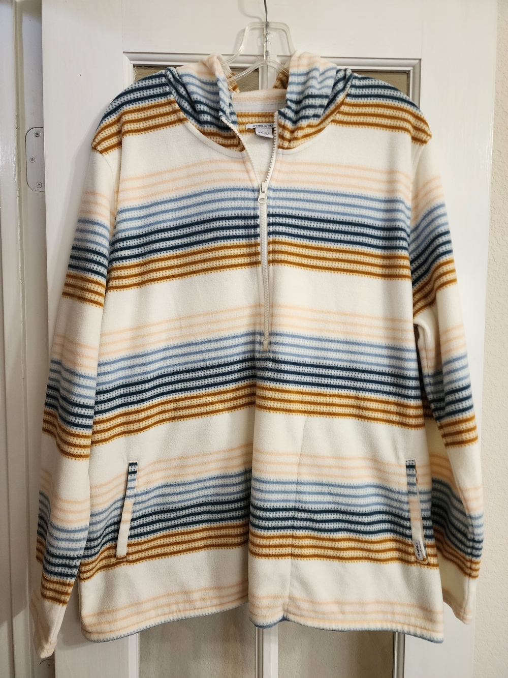 O'Neill XXL Striped Polar Fleece Half Zip Hooded Pullover Cream Blue